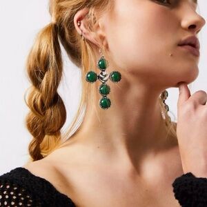 NWT‎ Free People Cross Earrings Green Jade & Silver Dangle